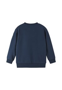 Granatowy sweatshirt, wykonany z miękkiego materiału, z okrągłym dekoltem, ściągaczami przy rękawach i luźnym fasonem, bez ozdób.