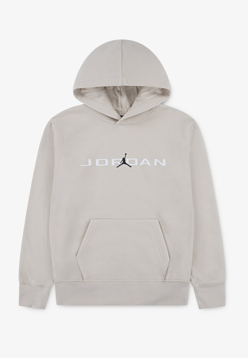 Felpa beige Jordan con tasca a marsupio, cappuccio e logo in testo bianco. Il tessuto appare morbido con una texture liscia.