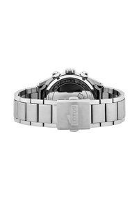 Montre en acier inoxydable avec une finition polie, dotée d'un boîtier rond, de trois boutons de couronne et d'un bracelet à maillons avec une boucle.