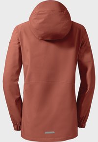 Veste imperméable de couleur rouille. Elle dispose d'une capuche, de poignets élastiques et d'un ourlet droit avec un détail réfléchissant à l'arrière. Texture lisse.