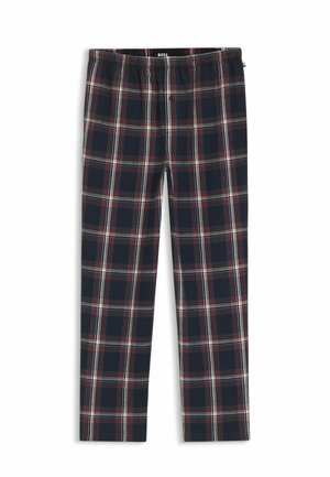 Marineblauwe geruite broek met rood-witte strepen, voorzien van een elastische tailleband en een zachte, katoenachtige textuur. Ontworpen voor comfort en casual draagplezier.