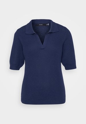 Dunkelblaues, gestricktes Poloshirt mit kurzen Ärmeln, V-Ausschnitt und gerippter Textur. Mit einem klassischen Kragen und leicht gepufften Ärmeln.