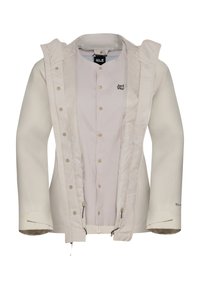 Helle beige wasserfeste Jacke mit Kapuze, Druckknöpfen und Netzfutter. Verfügt über ein Logo auf der linken Brust und verstellbare Bündchen.