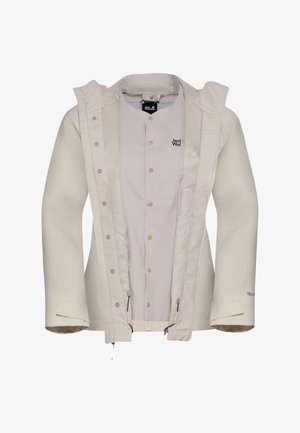 Lichtbeige waterdichte jas met capuchon, drukknoopsluiting en mesh voering. Beschikt over een logo op de linkerkant van de borst en verstelbare manchetten.