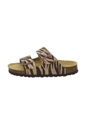 Open-toe sandal with tan and dark brown zebra stripes, two adjustable buckled straps, cork footbed, and black textured sole.