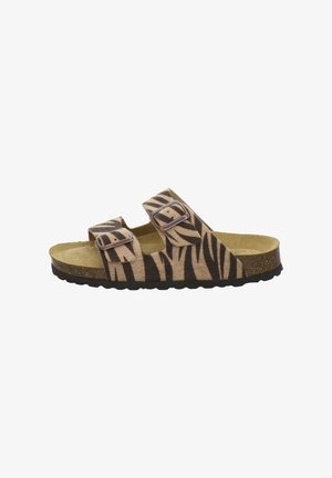 Open-toe sandal with tan and dark brown zebra stripes, two adjustable buckled straps, cork footbed, and black textured sole.