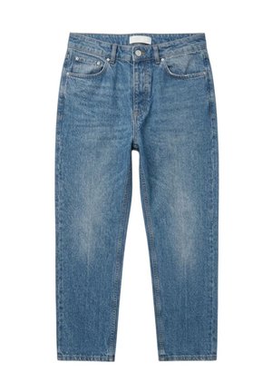 Jeans in denim blu con chiusura con bottone e cerniera, cinque tasche e taglio a gamba dritta, mostrati distesi su sfondo bianco.