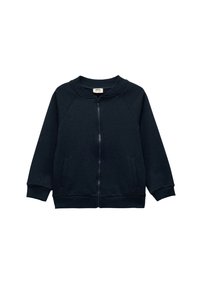 Navy Zip-Hoodie aus weichem Material. Mit Raglanärmeln, zwei Fronttaschen, gerippten Bündchen und rundem Halsausschnitt.