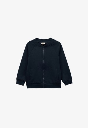 Felpa con zip color navy realizzata in tessuto morbido. Presenta maniche raglan, due tasche anteriori, polsini a costine e un colletto rotondo.