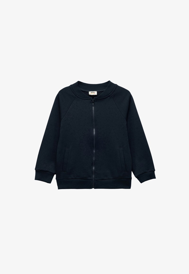 Navy Zip-Hoodie aus weichem Material. Mit Raglanärmeln, zwei Fronttaschen, gerippten Bündchen und rundem Halsausschnitt.