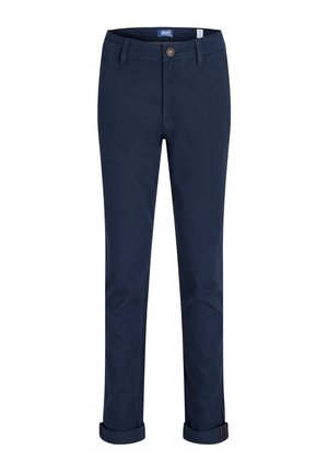 Pantaloni slim fit blu navy con orli risvoltati, passanti per cintura e chiusura con bottone marrone in vita.