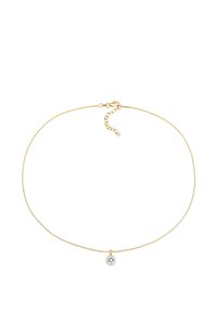 Guldhalskæde med en fin kæde og et lille rundt vedhæng med en klar krystal i midten. Lukkemekanisme med en justerbar kæde.