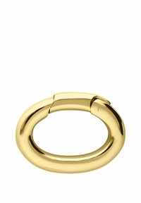 Gouden metalen ovale sluiting met een gladde, gepolijste afwerking. Beschikt over een scharnier om te openen, met afgeronde randen en een naadloos ontwerp.