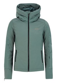 Groene geïsoleerde jas met hoge kraag en capuchon. Voorzien van zwarte ritsen en zijzakken. Glad, duurzaam materiaal met een strak ontwerp.