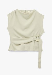 Lys grøn, ærmeløs bluse med draperet halsudskæring, sidebinding med en rektangulær spænde og blødt, struktureret stof.