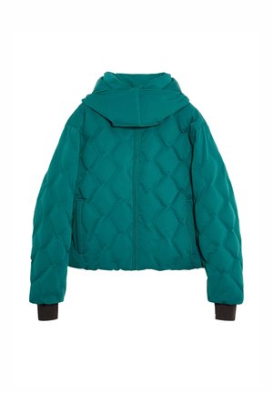 Teal puffy takki, jossa on huppu, timantinmuotoinen tikkauskuvio, ribatut mustat hihansuut ja keskiluku.