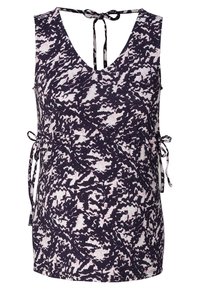 Top senza maniche a righe blu marine e bianche con scollatura a V profonda, lacci regolabili sul retro e lacci laterali per un look aderente.