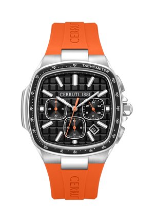 Orologio cronografo Cerruti 1881 con quadrante quadrato nero, cinturino in gomma arancione, indici argento, tre quadranti secondari, finestra per la data e lunetta tachimetrica.