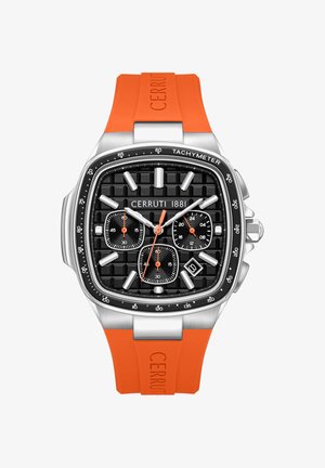 Orologio cronografo Cerruti 1881 con quadrante quadrato nero, cinturino in gomma arancione, indici argento, tre quadranti secondari, finestra per la data e lunetta tachimetrica.