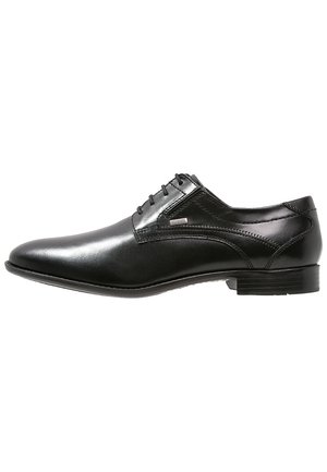 Schwarzer Herrenschuh aus Leder mit Schnürsenkeln, spitzer Schuhspitze, niedrigem Absatz und seitlicher Steppnaht.