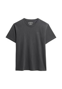 T-shirt in cotone grigio scuro con maniche corte, scollo rotondo e un piccolo logo ricamato sul petto. Design semplice e casual.