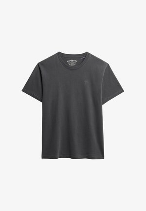 Czarna koszulka z krótkim rękawem z bawełny o ciemnoszarym kolorze, okrągły dekolt i małe haftowane logo na piersi. Gładki, swobodny fason.