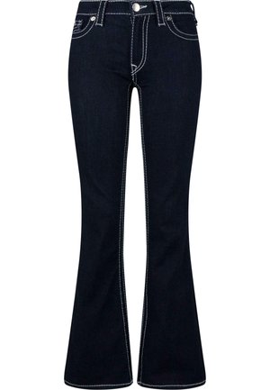 Flared dark blue jeans made of denim, featuring white stitching, a high waist, five pockets, and a classic button closure.
