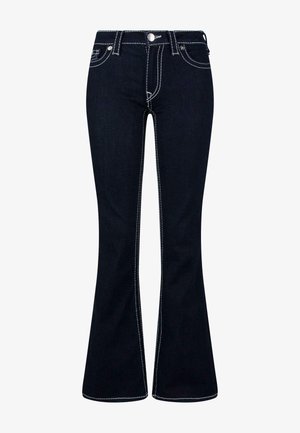 Flared dark blue jeans made of denim, featuring white stitching, a high waist, five pockets, and a classic button closure.
