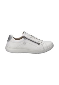 Baskets en cuir blanc avec des accents argentés, dotées d'un zip sur le côté, d'un bout rond et d'une semelle texturée. Design à lacets avec des détails cousus.