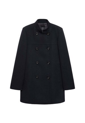 Manteau pea coat noir croisé avec six boutons, col haut, manches longues et ourlet droit.