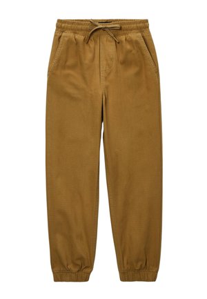 Pantalon taille élastique marron avec cordon de serrage, poches latérales et poignets élastiques, fabriqué en tissu doux.