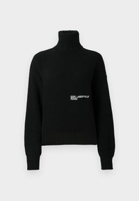 Pulover negru din tricot cu guler înalt, cu mâneci lungi și logo-ul alb "Karl Lagerfeld Jeans" pe piept.