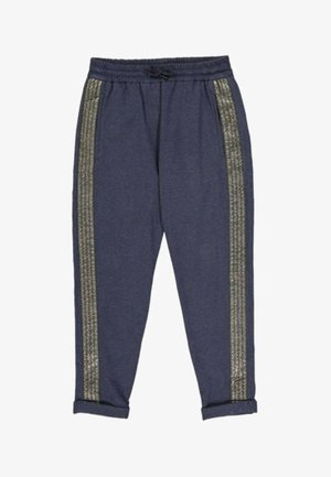Pantalon de jogging bleu marine avec taille élastique, cordon, chevilles resserrées et rayures texturées vert olive courant sur chaque jambe.