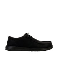 Zwarte leren schoenen met een ronde teen, voorzien van een vetersluiting en een gestructureerde afwerking, met een gewatteerde kraag en een stevige rubberen zool.