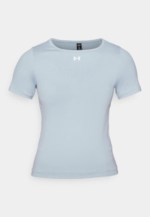 Light blue short-sleeve athletic shirt made of smooth fabric with a round neckline and white logo on the front. Сut and fit designed for comfort.