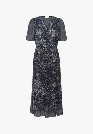 Abito blu navy con un design fluido, maniche corte trasparenti, scollatura avvolgente e un motivo bianco vorticoso su tutta la stoffa.