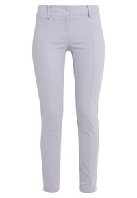 Světlé šedé kalhoty s přiléhavým střihem, elegantním designem, hladkou texturou, úzkým střihem a subtilním prošitím podél přední části.