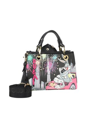 Borsa nera con skyline di Dubai, fuochi d'artificio colorati, Bugs Bunny su un'auto rosa, dettagli in oro e tracolla nera removibile.