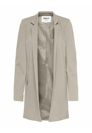 Lichtbeige lange blazer met ingesneden revers, zijzakken met rits en een gladde voering, met het label "ONLY".
