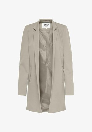 Blazer largo de color beige claro con solapas de muesca, bolsillos laterales con cremallera y forro interior liso, con etiqueta "ONLY".