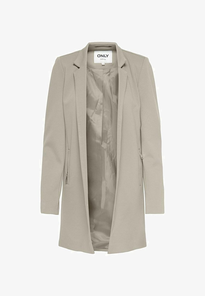 Blazer long beige clair avec revers crantés, poches latérales zippées et doublure intérieure lisse, étiqueté "ONLY".