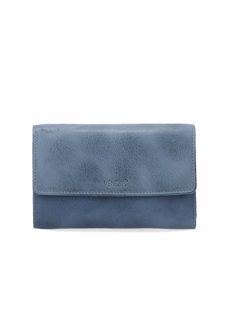 Blue leather wallet with a textured surface, fold-over design, and stitched edges. Features the brand name "Venezia" embossed on the front.