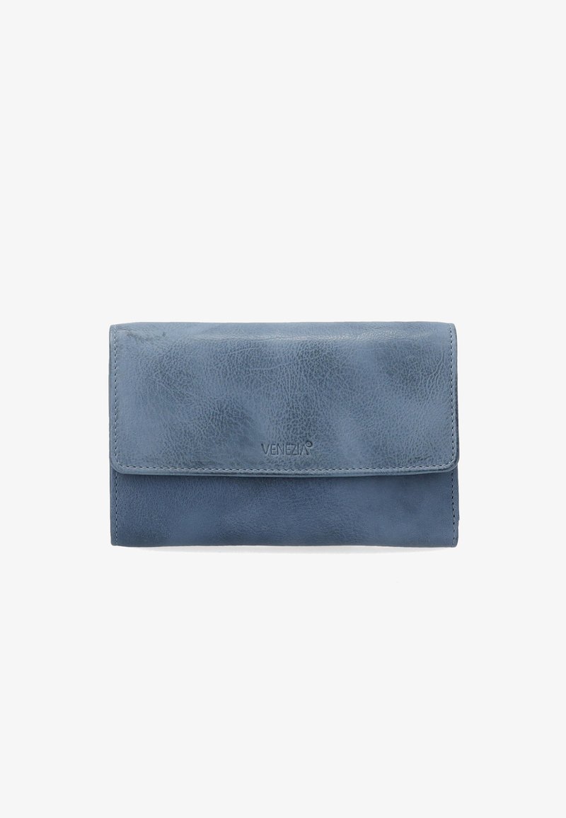 Blue leather wallet with a textured surface, fold-over design, and stitched edges. Features the brand name "Venezia" embossed on the front.