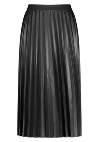 Gonna nera plissettata in pelle con vita elastica, caratterizzata da pieghe verticali che aggiungono texture e dimensione al design.