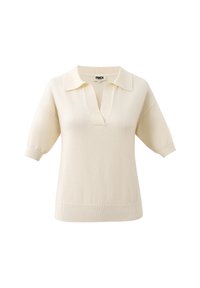Pull en tricot crème à manches courtes et décolleté en V avec un col structuré. Texture lisse et détail de bord côte.