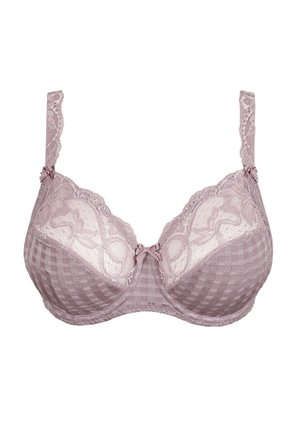 Lavendelkleurige beha met bloemenkant op de bovenste cups, geruit stof op de onderste cups, verstelbare kanten bandjes en kleine strikjes bij de bandjes en het midden.