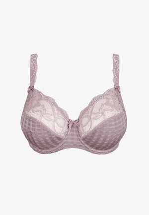 Lavendelkleurige beha met bloemenkant op de bovenste cups, geruit stof op de onderste cups, verstelbare kanten bandjes en kleine strikjes bij de bandjes en het midden.