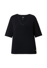 Maglione nero a V con maniche corte. Tessuto morbido, vestibilità casual e un piccolo logo dorato vicino all'orlo. Ideale da indossare a strati.