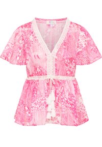 Blusa rosa con scollatura a V, maniche corte a campana e bordo in pizzo. Presenta un motivo floreale paisley e un cordoncino in vita con pon pon.