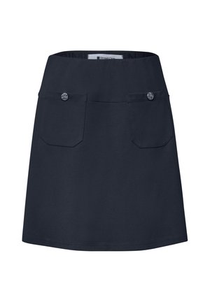 Jupe bleu marine foncé en ligne A avec deux poches avant, chacune fermée par un bouton, et une ceinture droite.